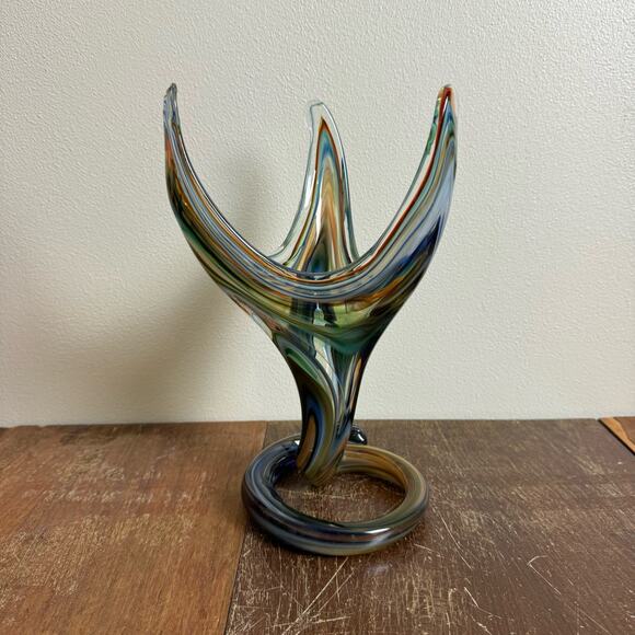 MCM Vintage Blue Green Murano Style Stretched Serpentine Vase Blown Art‎ Glass - Picture 3 of 9